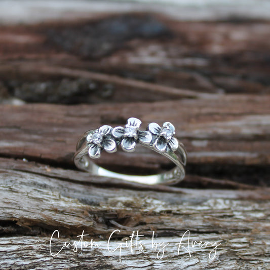 Sterling Silver 3 Flower Blossom & CZ Crystal Ring