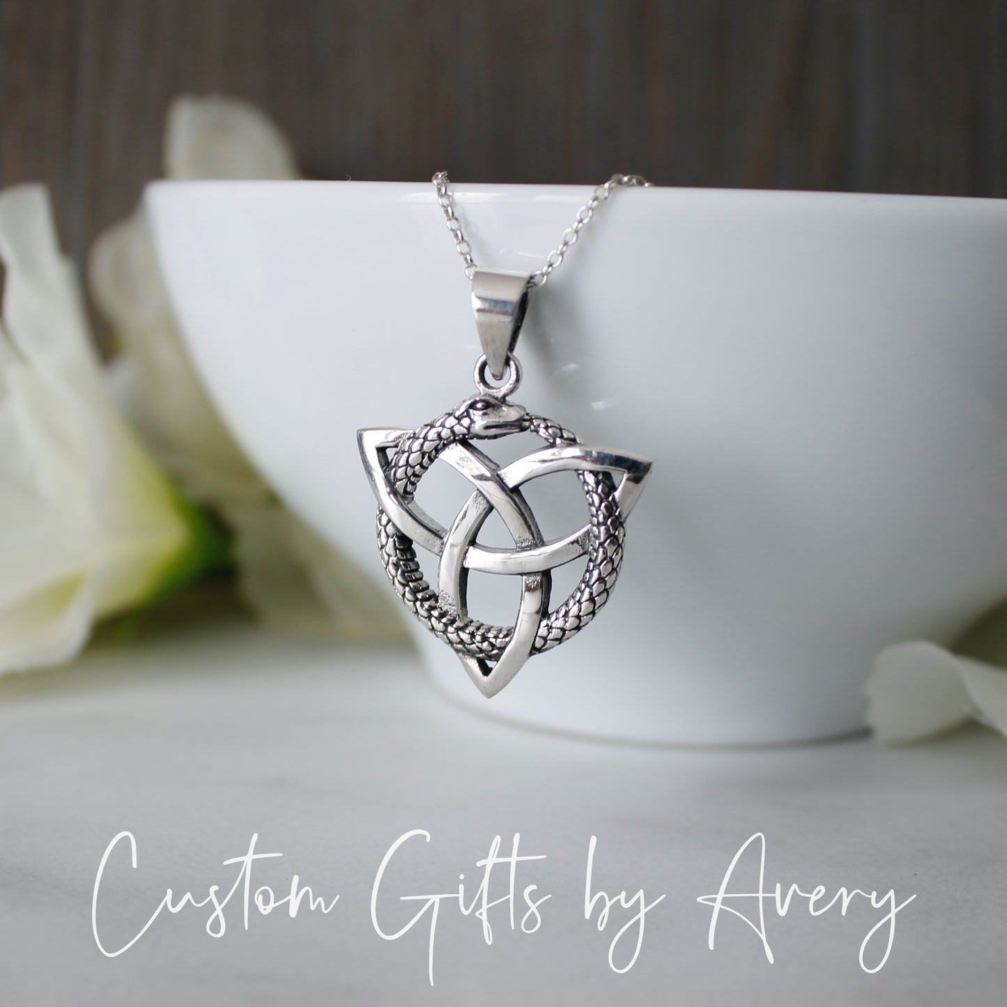 Sterling Silver Ouroboros Snake with Celtic Trinity Knot Necklace