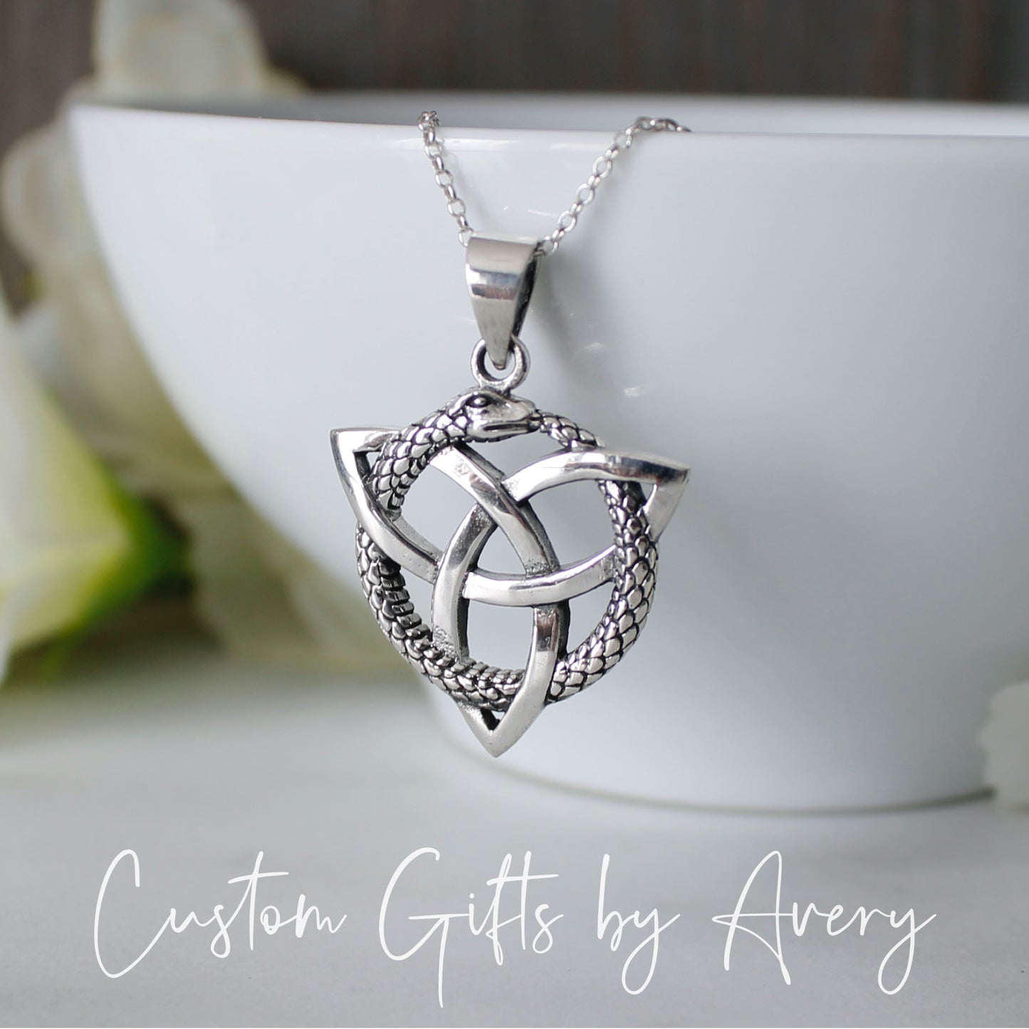 Sterling Silver Ouroboros Snake with Celtic Trinity Knot Necklace