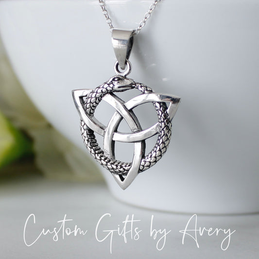 Sterling Silver Ouroboros Snake with Celtic Trinity Knot Necklace