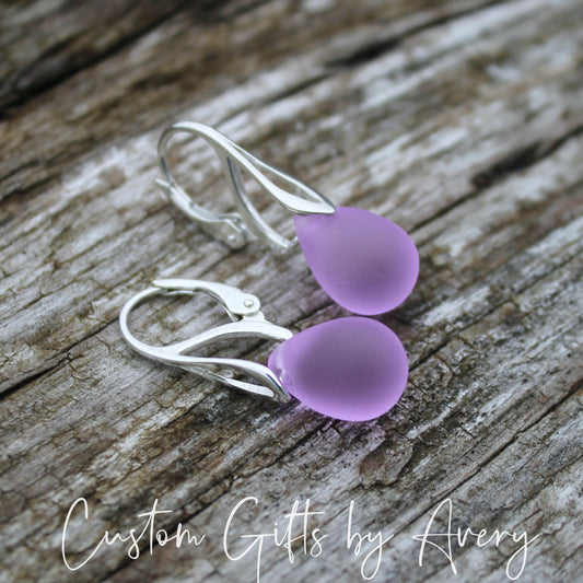 Purple Violet Cultured Sea Glass & Sterling Silver Teardrop Earrings