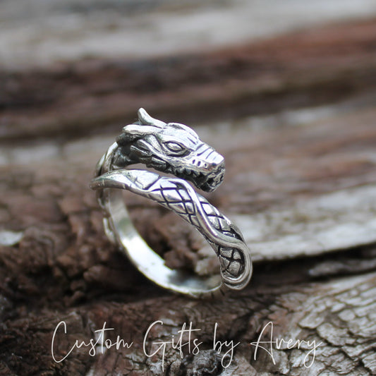 Adjustable Sterling Silver Wrap Around Dragon Ring