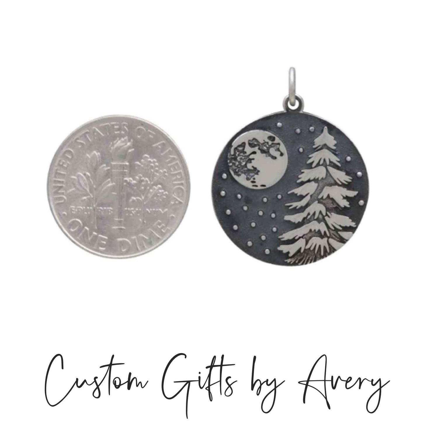 Round Sterling Silver Winter Tree & Full Moon Necklace