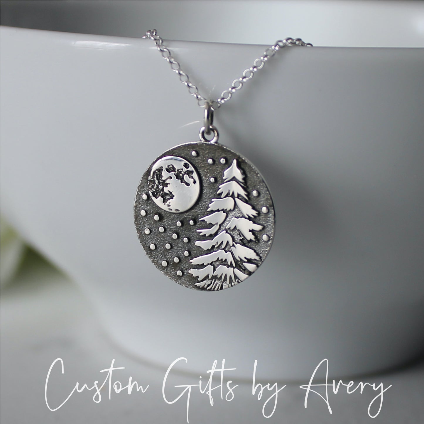 Round Sterling Silver Winter Tree & Full Moon Necklace