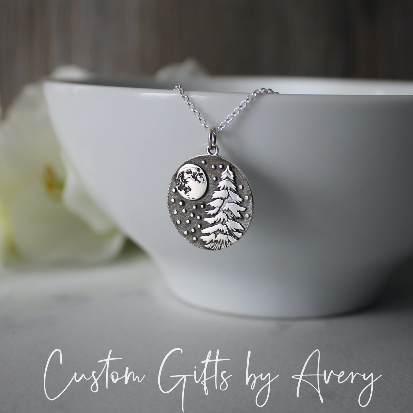 Round Sterling Silver Winter Tree & Full Moon Necklace