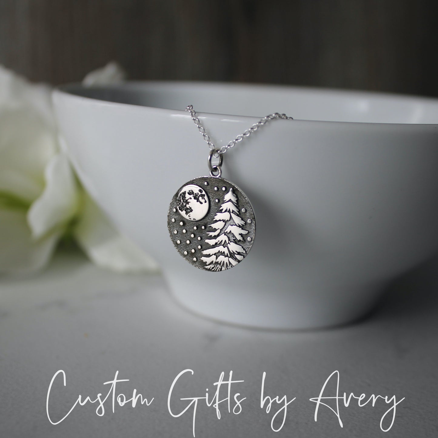 Round Sterling Silver Winter Tree & Full Moon Necklace