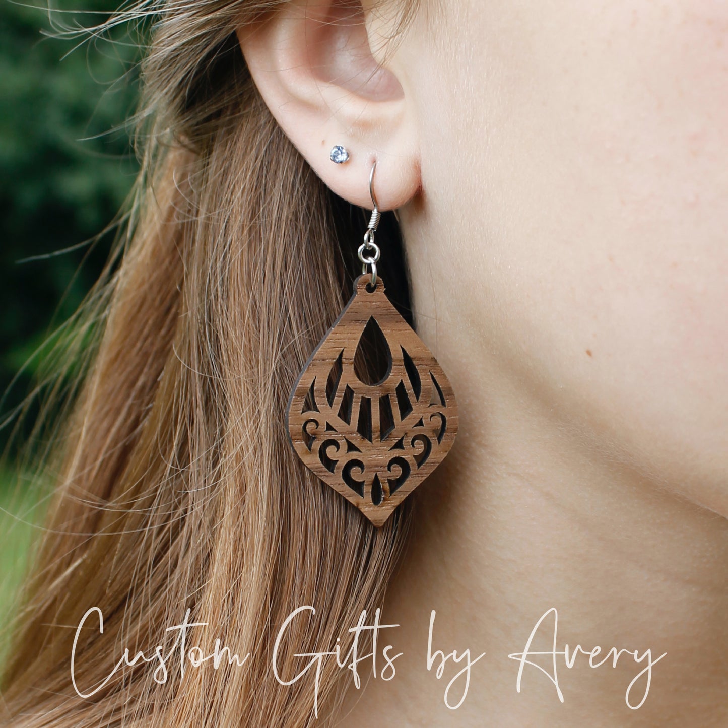 Ornate Teardrop Cutout Earrings in Walnut Wood