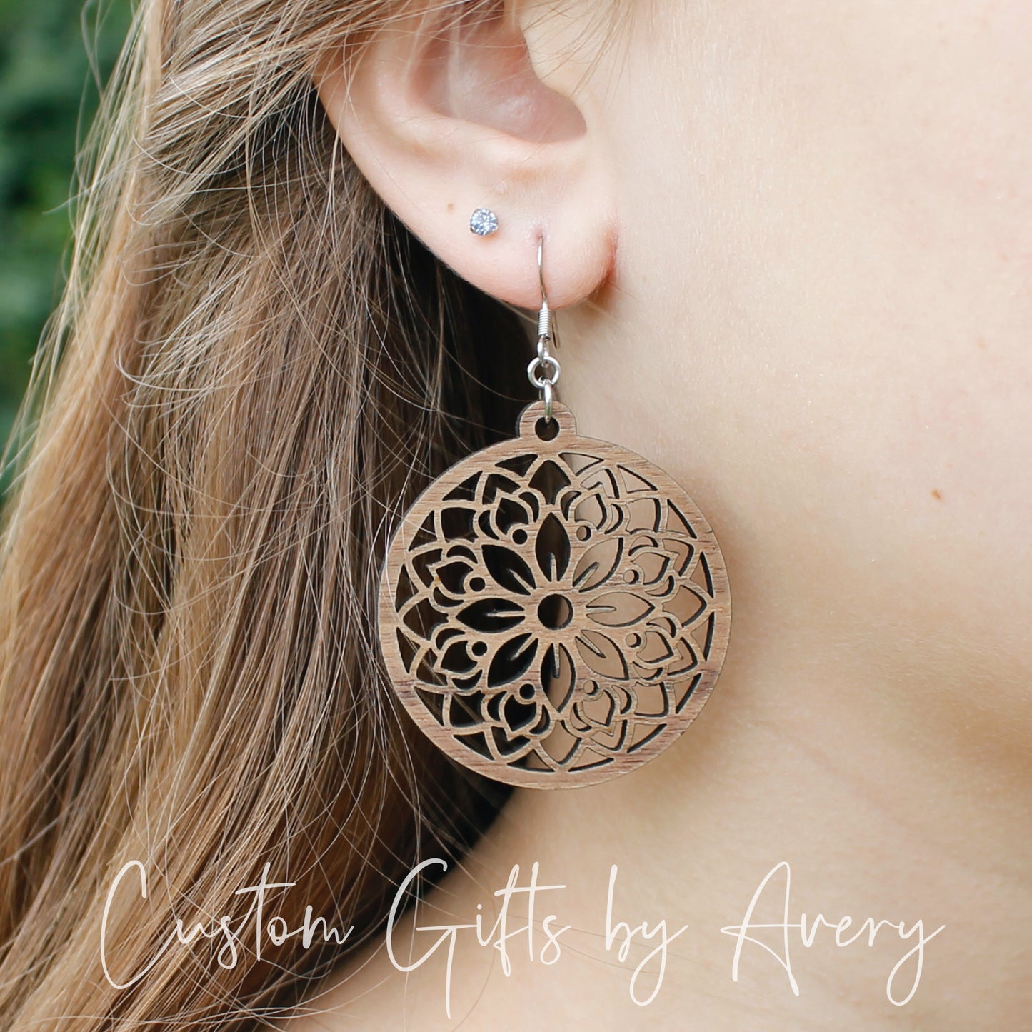 Large Circle Mandala Earrings in Walnut Wood