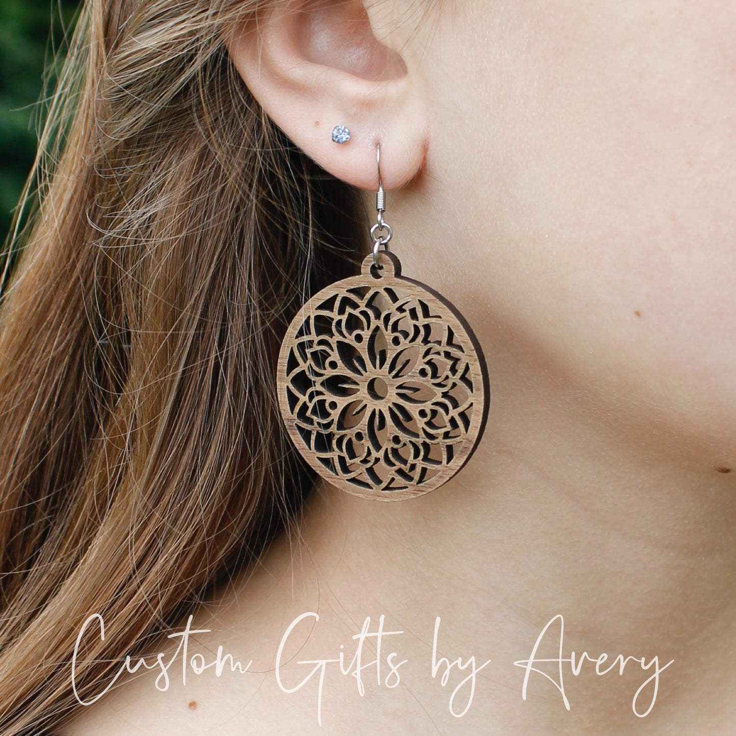 Large Circle Mandala Earrings in Walnut Wood