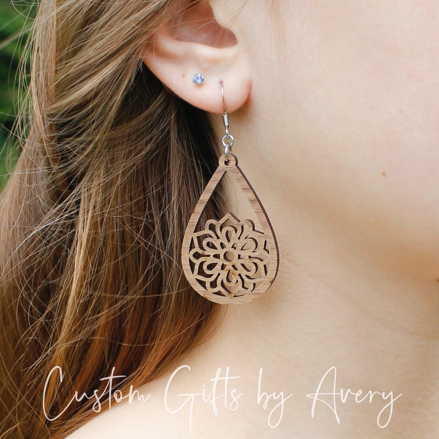 Teardrop Flower Mandala Earrings in Walnut Wood