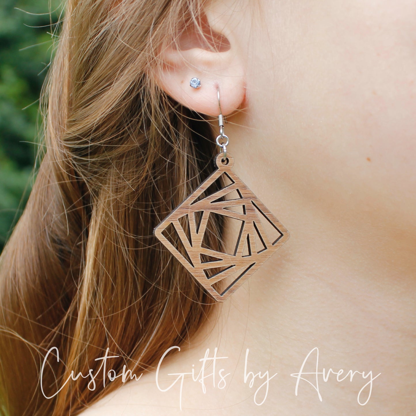 Spiralling Diamond Geometric Earrings in Walnut Wood