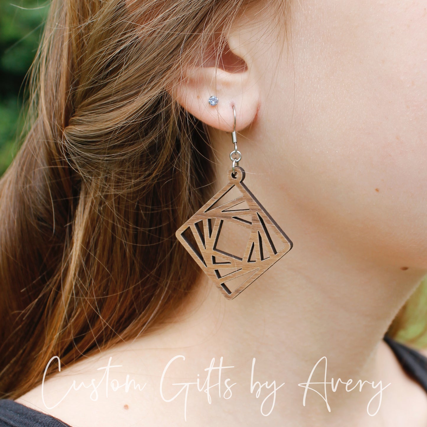 Spiralling Diamond Geometric Earrings in Walnut Wood