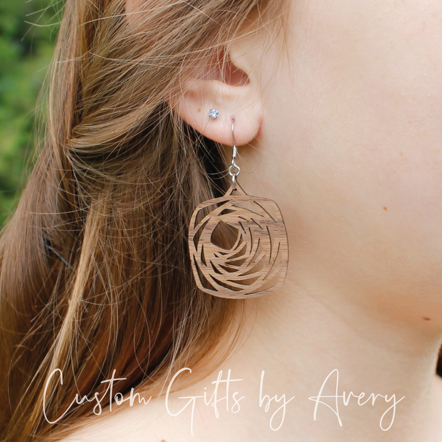 Spiralling Square Geometric Earrings in Walnut Wood