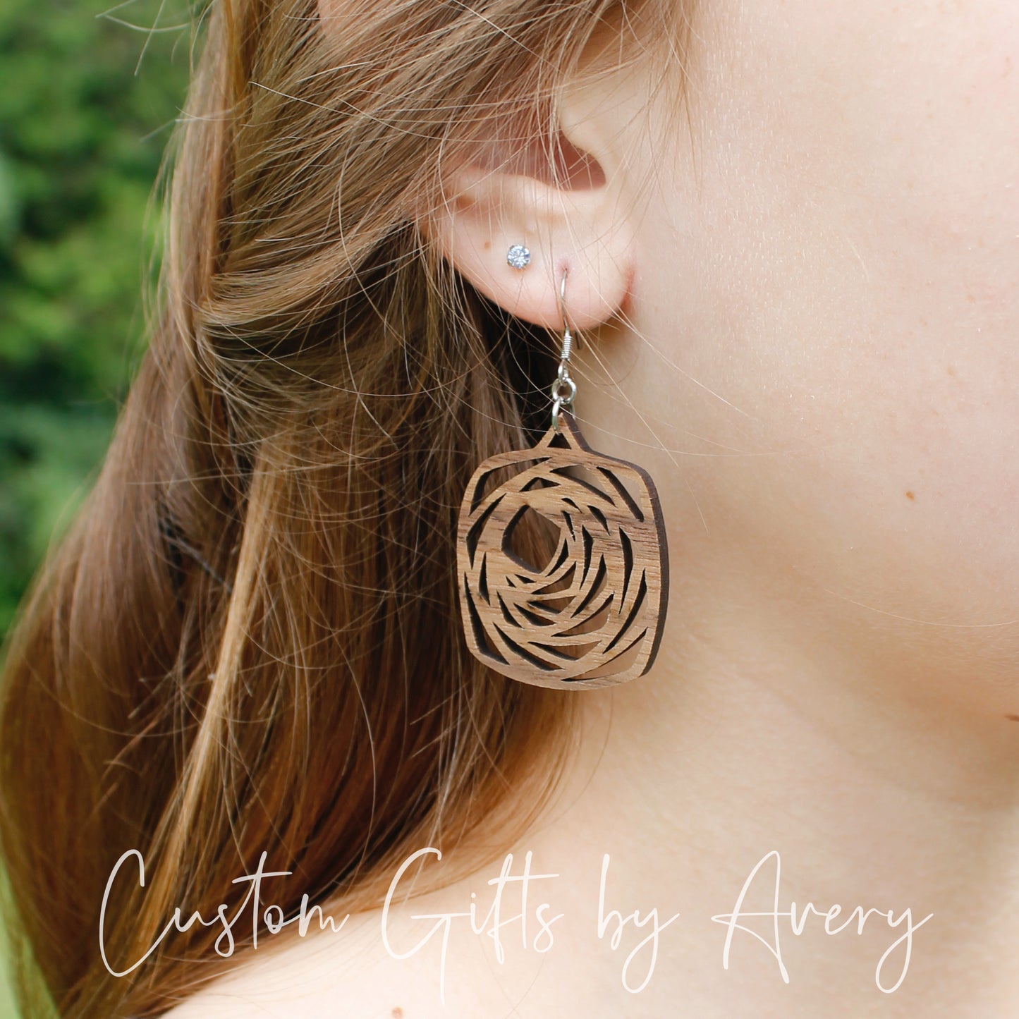 Spiralling Square Geometric Earrings in Walnut Wood