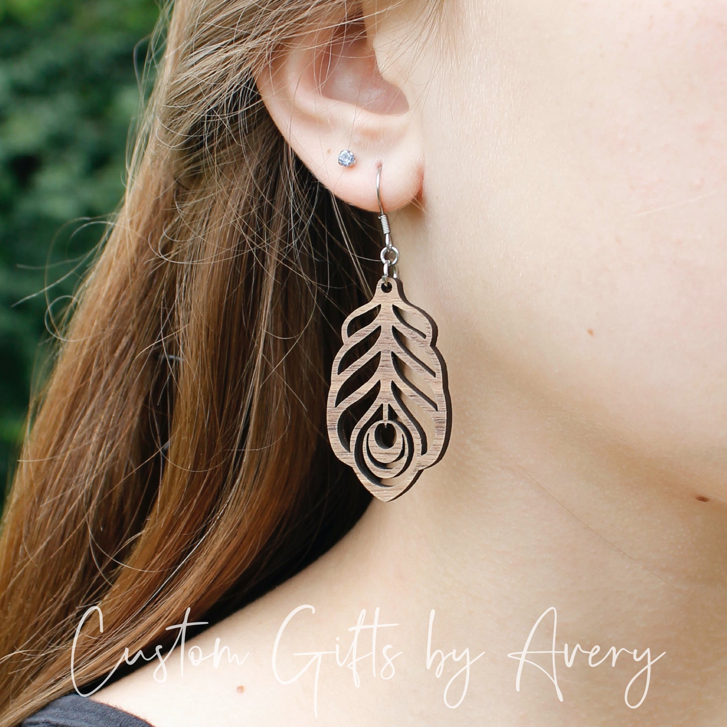 Peacock Feather Earrings in Walnut Wood