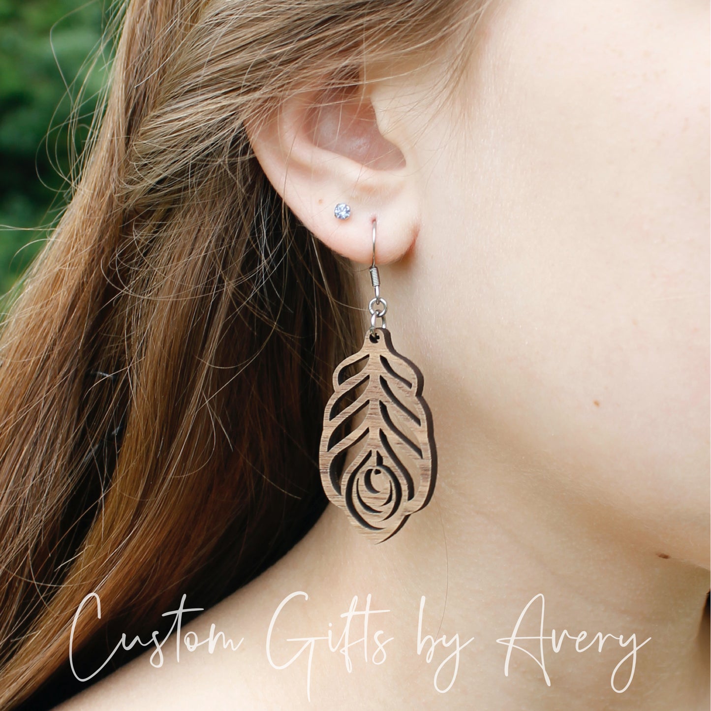 Peacock Feather Earrings in Walnut Wood