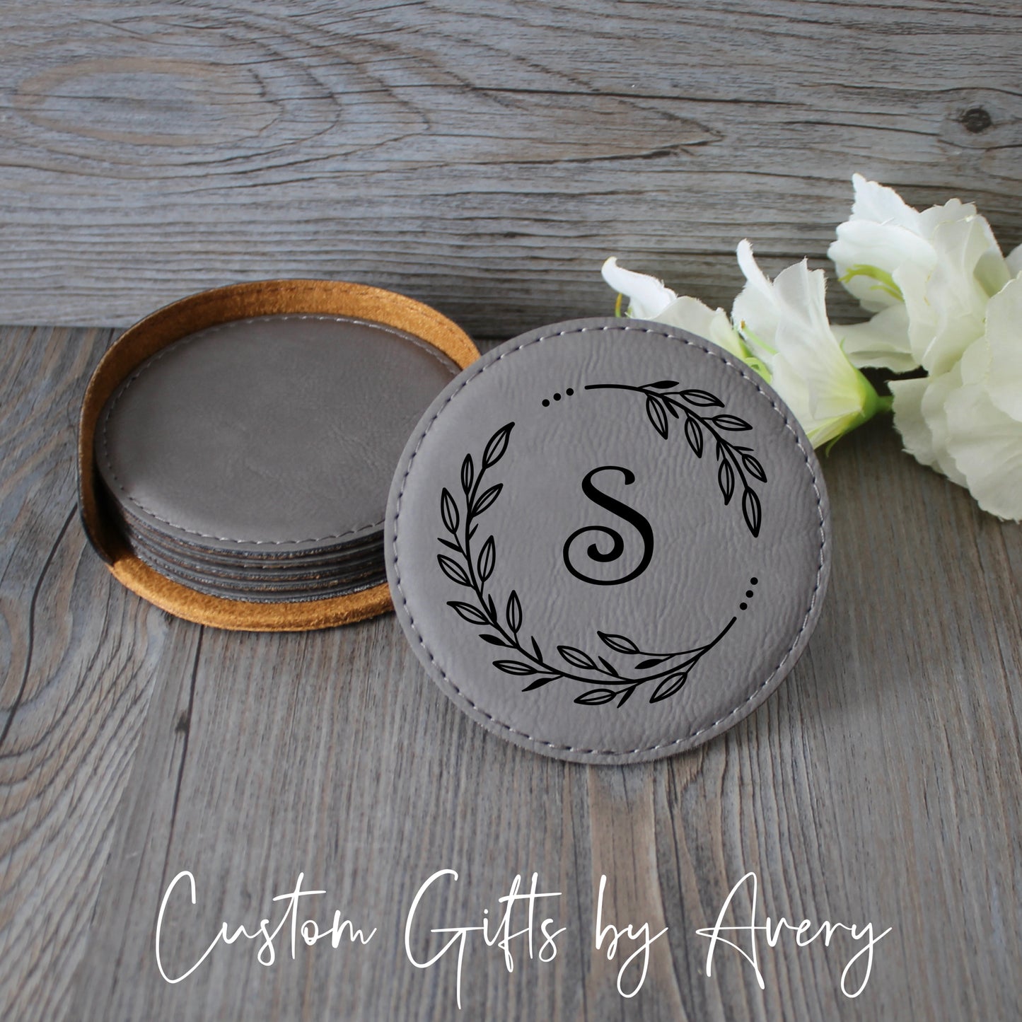 Personalized Leatherette Coasters ~ Set of 6 with Holder