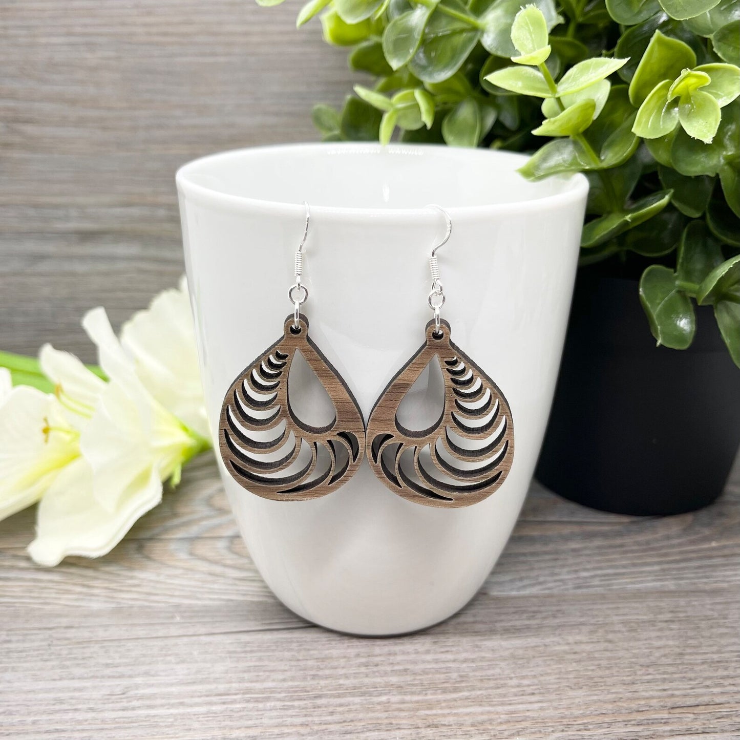 Spiral Teardrop Earrings in Walnut Wood