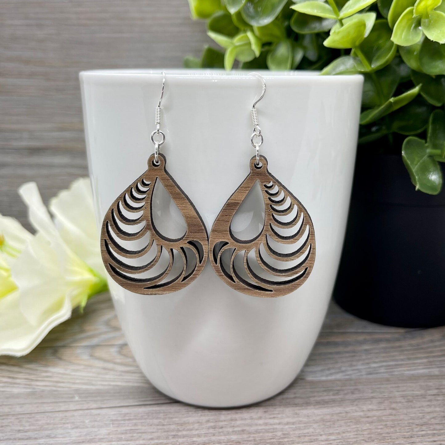 Spiral Teardrop Earrings in Walnut Wood