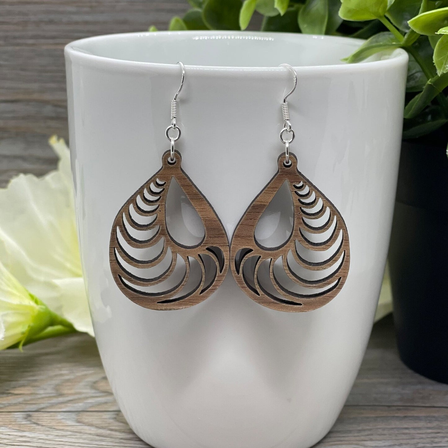 Spiral Teardrop Earrings in Walnut Wood