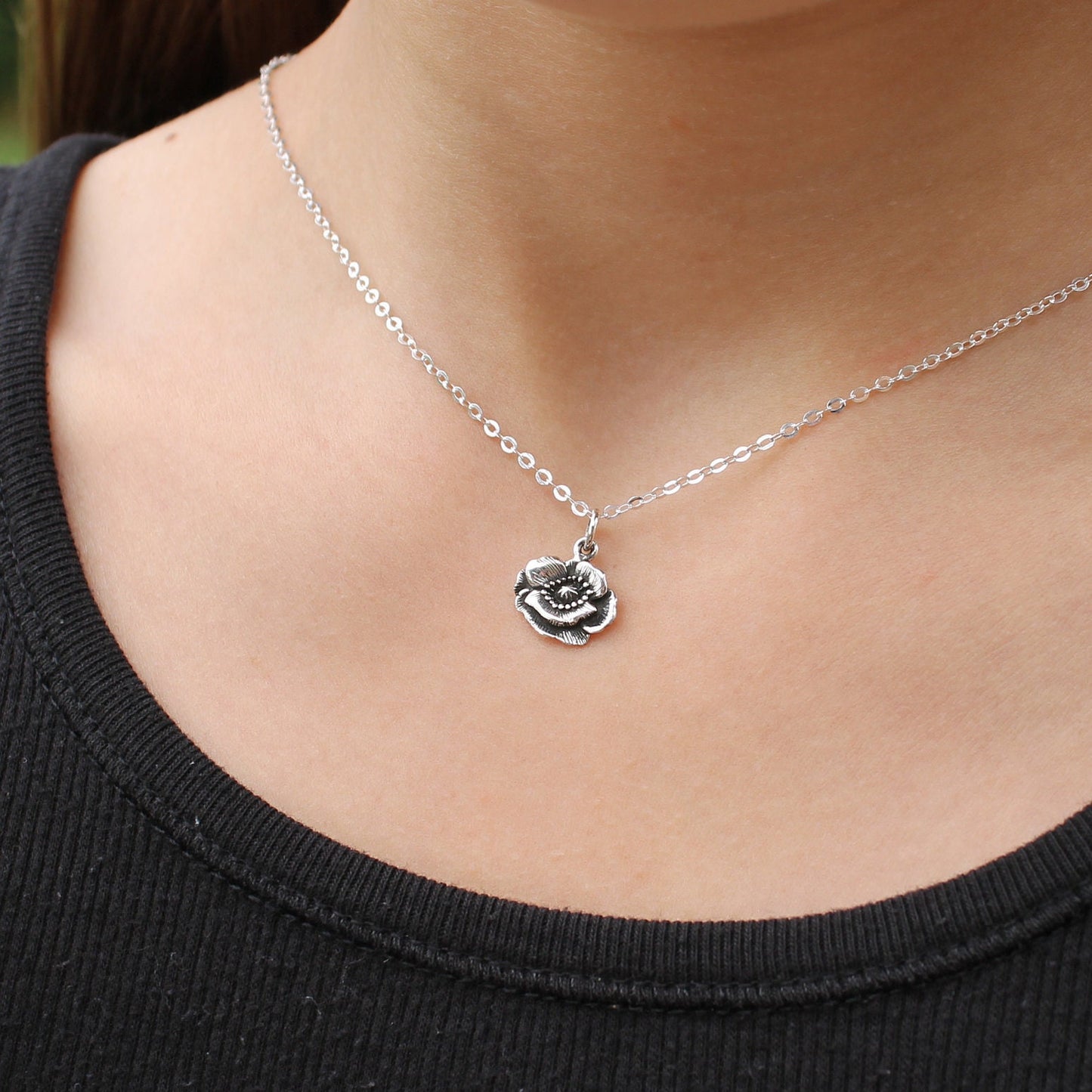 Tiny Sterling Silver Poppy Necklace