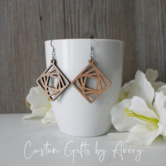 Spiralling Diamond Geometric Earrings in Walnut Wood